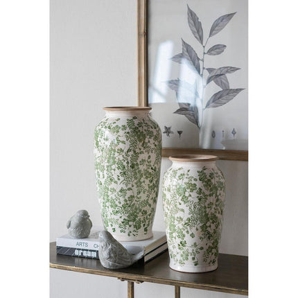 15" Green And White Leaf Ceramic Trumpet Table Vase HomeRoots