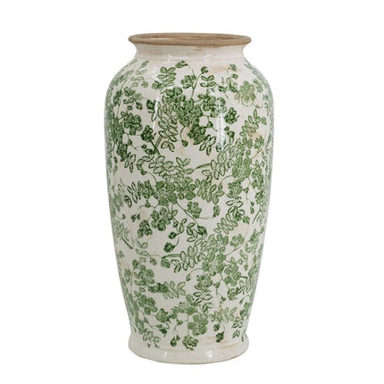 15" Green And White Leaf Ceramic Trumpet Table Vase HomeRoots
