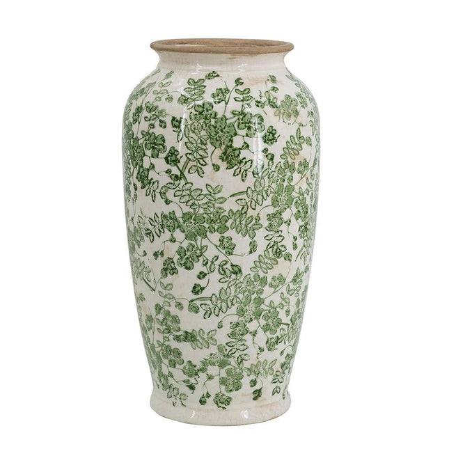 15" Green And White Leaf Ceramic Trumpet Table Vase HomeRoots