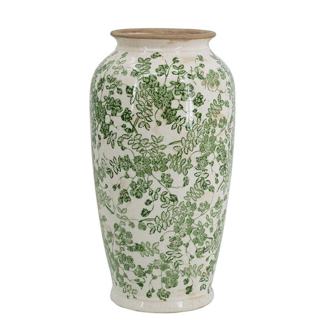 15" Green And White Leaf Ceramic Trumpet Table Vase