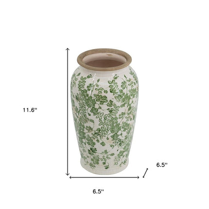 12" Green And White Leaf Ceramic Round Table Vase HomeRoots