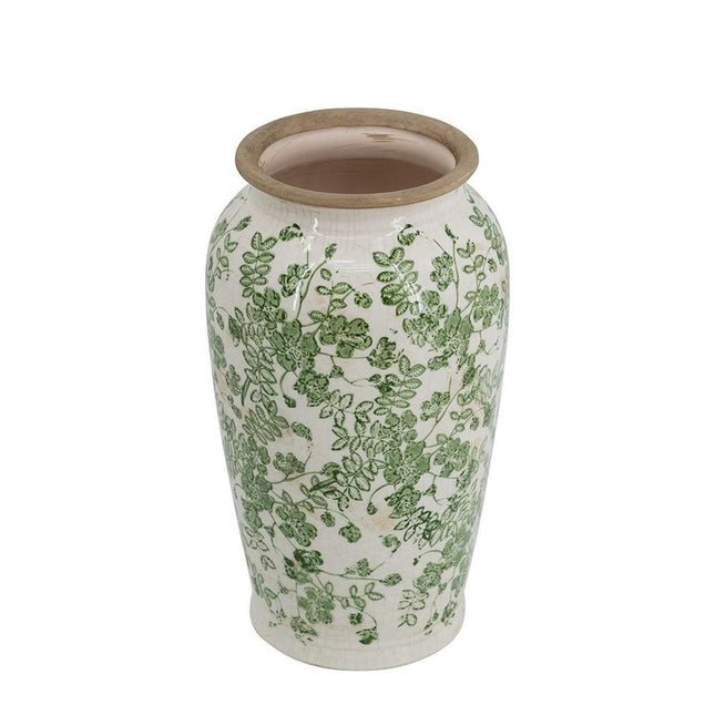 12" Green And White Leaf Ceramic Round Table Vase