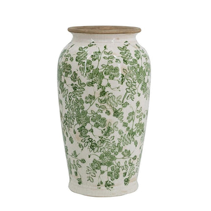 12" Green And White Leaf Ceramic Round Table Vase HomeRoots