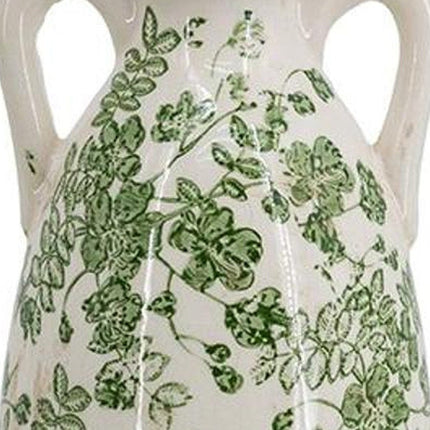14" Green And White Leaf Ceramic Amphora Table Vase HomeRoots