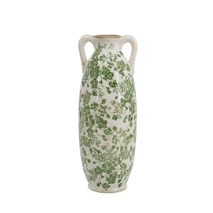 14" Green And White Leaf Ceramic Amphora Table Vase HomeRoots