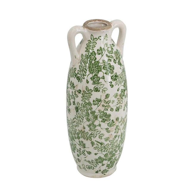 14" Green And White Leaf Ceramic Amphora Table Vase HomeRoots