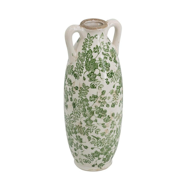 14" Green And White Leaf Ceramic Amphora Table Vase