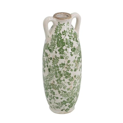 14" Green And White Leaf Ceramic Amphora Table Vase HomeRoots