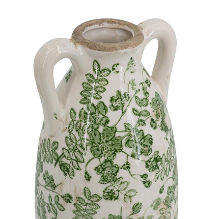 14" Green And White Leaf Ceramic Amphora Table Vase HomeRoots