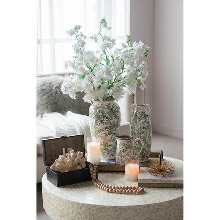 14" Green And White Leaf Ceramic Amphora Table Vase HomeRoots