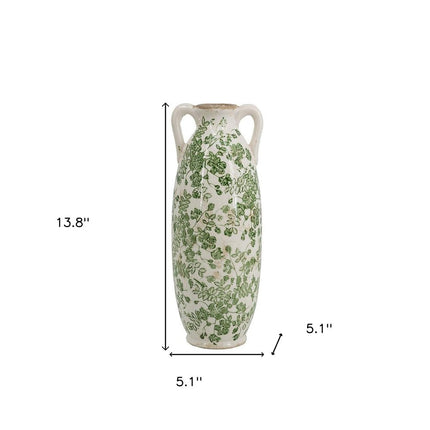 14" Green And White Leaf Ceramic Amphora Table Vase HomeRoots