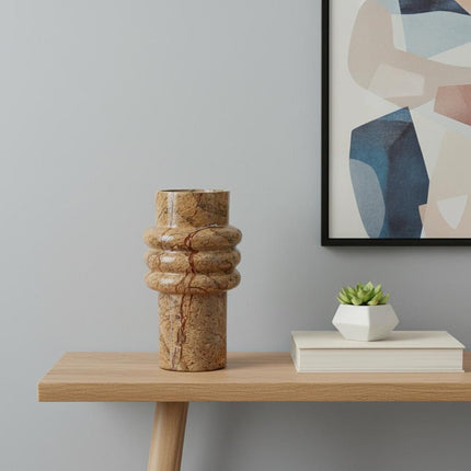 8" Brown Genuine Marble Ridged Table Vase