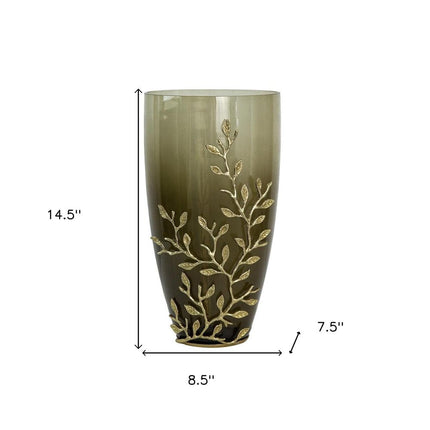 15" Dark Olive Green And Gold Branch Patterned Glass And Aluminum Table Vase HomeRoots