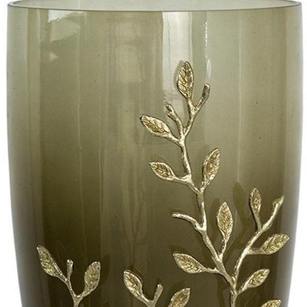 15" Dark Olive Green And Gold Branch Patterned Glass And Aluminum Table Vase HomeRoots