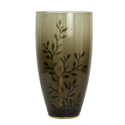 15" Dark Olive Green And Gold Branch Patterned Glass And Aluminum Table Vase HomeRoots