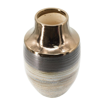 11" Brown And Bronze Striped Ceramic Round Table Vase