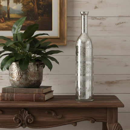 25" Antiqued Silver Floral Glass Bottle Table Vase HomeRoots