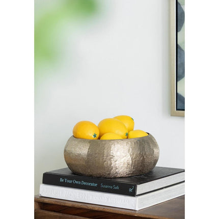 Set of Two Gold Aluminum Hammered Round Centerpiece Bowls