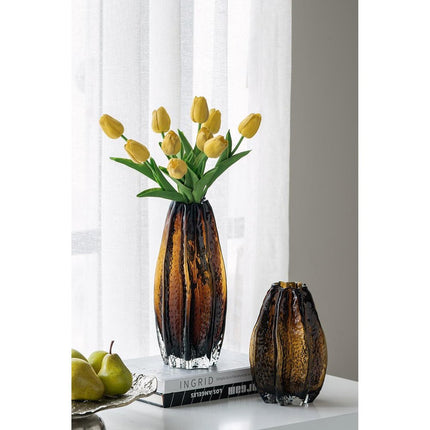 8" Burnt Umber And Black Glass Textured Wavy Table Vase