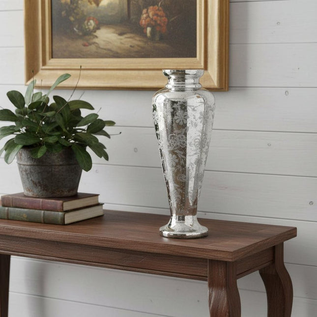 20" Antiqued Silver Etched Floral Glass Round Table Vase HomeRoots