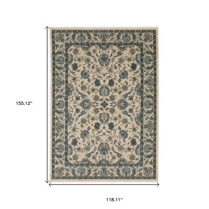 10' X 13' Beige And Blue Oriental Area Rug With Fringe HomeRoots