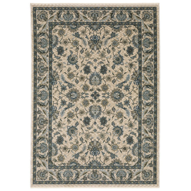 10' X 13' Beige And Blue Oriental Area Rug With Fringe
