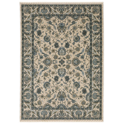 10' X 13' Beige And Blue Oriental Area Rug With Fringe HomeRoots