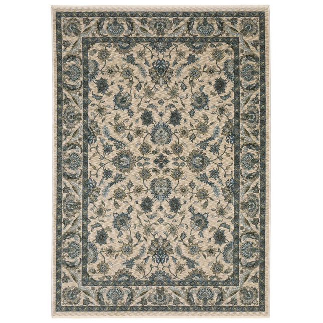 10' X 13' Beige And Blue Oriental Area Rug With Fringe