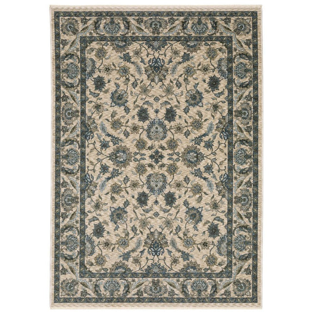 10' X 13' Beige And Blue Oriental Area Rug With Fringe HomeRoots