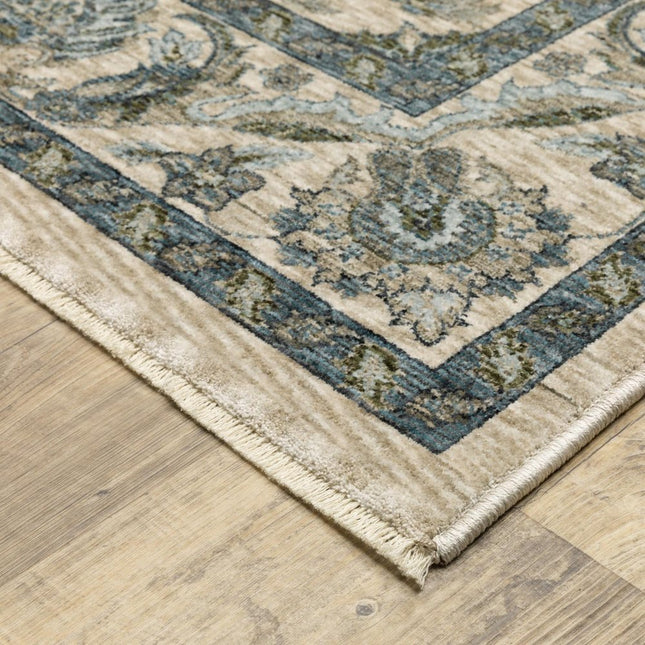 10' X 13' Beige And Blue Oriental Area Rug With Fringe HomeRoots