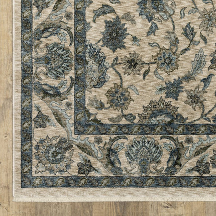 10' X 13' Beige And Blue Oriental Area Rug With Fringe HomeRoots