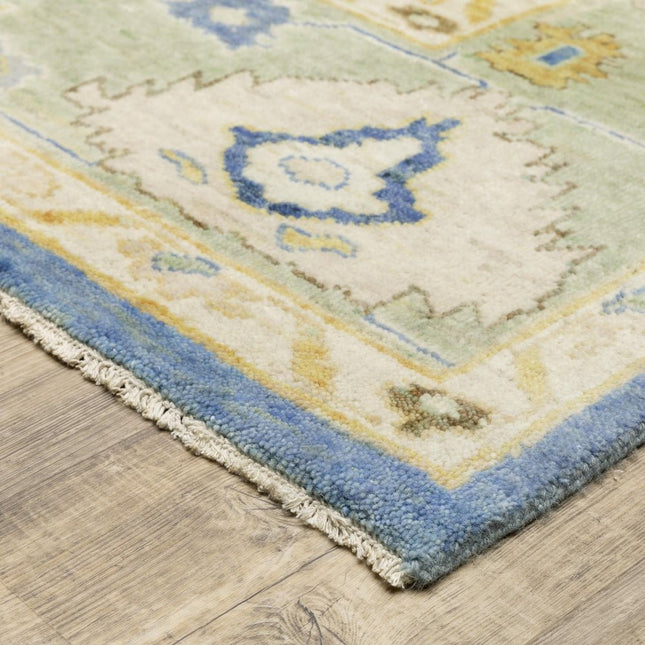 10' Blue And Green Wool Oriental Hand Knotted Runner Rug With Fringe HomeRoots