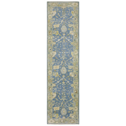10' Blue And Green Wool Oriental Hand Knotted Runner Rug With Fringe HomeRoots