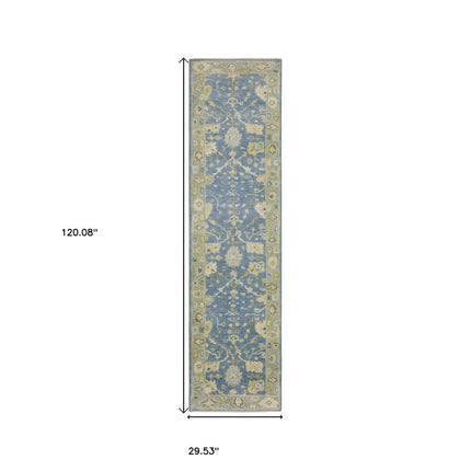 10' Blue And Green Wool Oriental Hand Knotted Runner Rug With Fringe HomeRoots