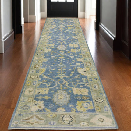 10' Blue And Green Wool Oriental Hand Knotted Runner Rug With Fringe HomeRoots