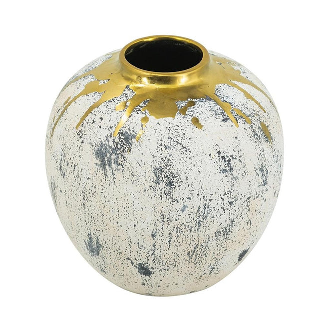 10" Ivory Gray And Gold Abstract Distressed Ceramic Round Table Vase HomeRoots