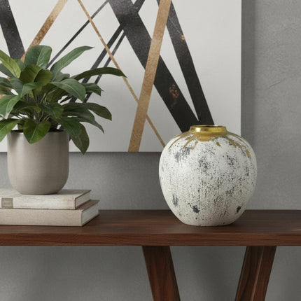 10" Ivory Gray And Gold Abstract Distressed Ceramic Round Table Vase