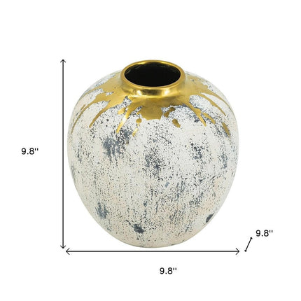 10" Ivory Gray And Gold Abstract Distressed Ceramic Round Table Vase HomeRoots