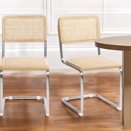 Set of Two Natural and Silver Steel Open Back Dining Side Chairs