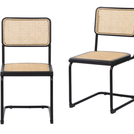 Set of Two Black and Natural Steel Open Back Dining Side Chairs