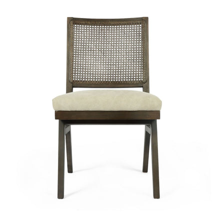 Set of Two Dark Brown And Gray Wood Cane And Upholstery Dining Side Chairs