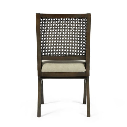 Set of Two Dark Brown And Gray Wood Cane And Upholstery Dining Side Chairs
