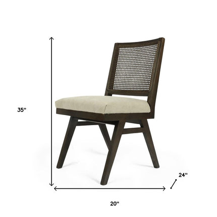 Set of Two Dark Brown And Gray Wood Cane And Upholstery Dining Side Chairs