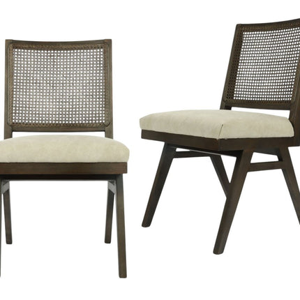Set of Two Dark Brown And Gray Wood Cane And Upholstery Dining Side Chairs