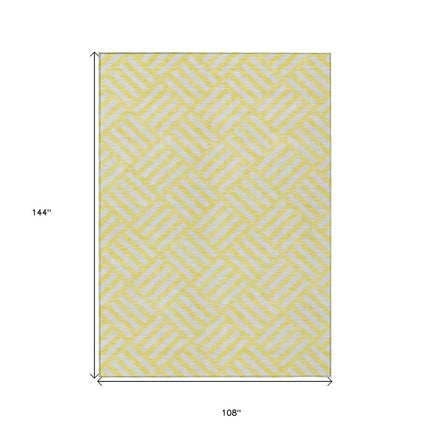 9' X 12' Yellow And Ivory Geometric Washable Indoor Outdoor Area Rug