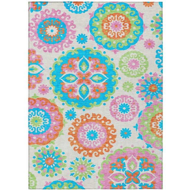 9' X 12' White Orange And Teal Blue Floral Medallion Washable Indoor Outdoor Area Rug HomeRoots