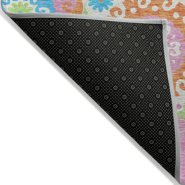 9' X 12' White Orange And Teal Blue Floral Medallion Washable Indoor Outdoor Area Rug HomeRoots