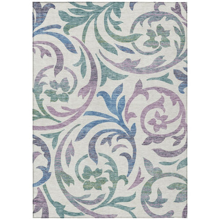 9' X 12' White Purple And Sage Floral Washable Indoor Outdoor Area Rug