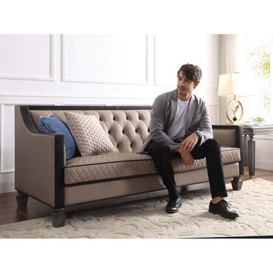 ACME 58815 House Beatrice Sofa with 4 Pillows, Tan PU, Black PU & Charcoal Finish ACME Furniture