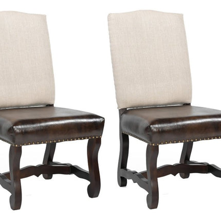 Set of Two Cream and Dark Brown Wood Leather And Linen Dining Side Chairs
